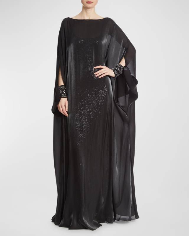 Draped Sequin Chiffon Caftan Gown